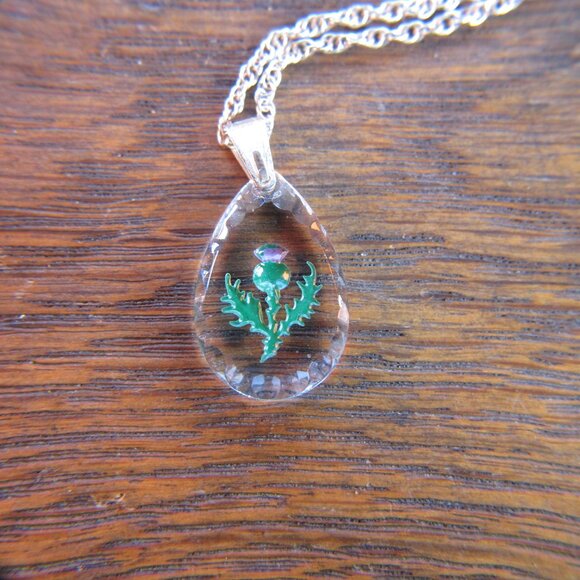Glass thistle pendant, sterling silver setting & chain. - Picture 3 of 9